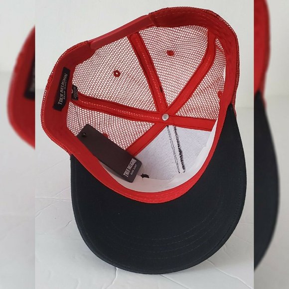 TRUE RELIGION ALLOVER HORSESHOE TRUE TRUCKER HAT MEN'S ADJUSTABLE OS BLACK/RED - Picture 10 of 10
